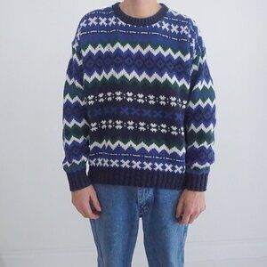 Vtg 90S Lake Harmony USA Blue Green Knit Eclectic Grandpa Crewneck Sweater XL